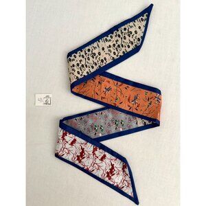 Slim Scarf Patchwork Mixed Floral Prints Blue Trim 34 inches Neck Hair Bag Wrap